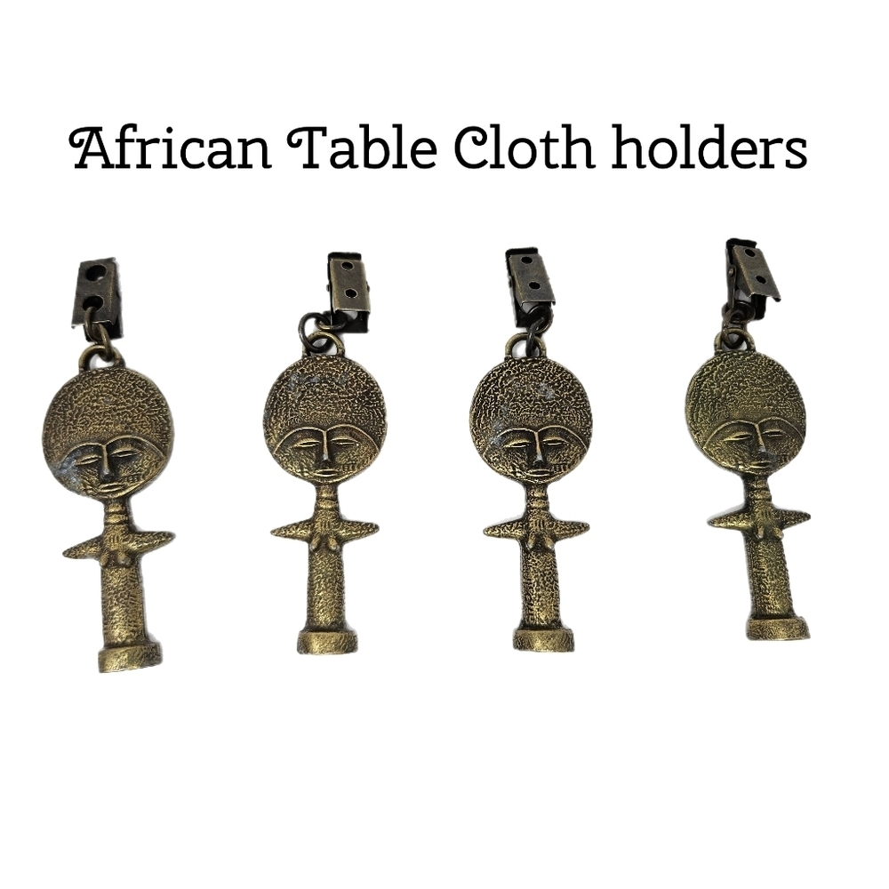 African Brass Corner Table Cloth Holders Women Face & Figure Set Of 4 Vintage